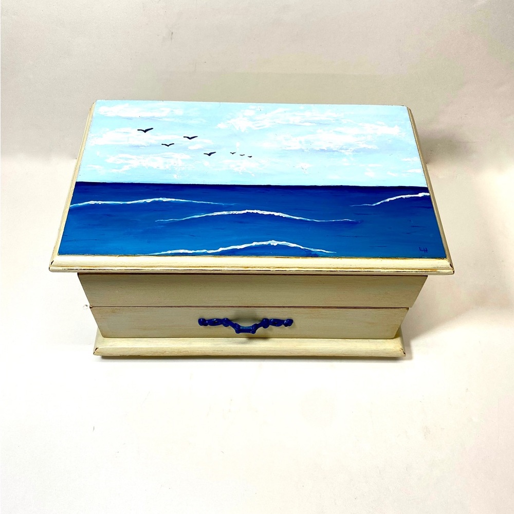 Original Acrylic Seascape Art on Relived Upcycled Vintage Wood Jewelry Box